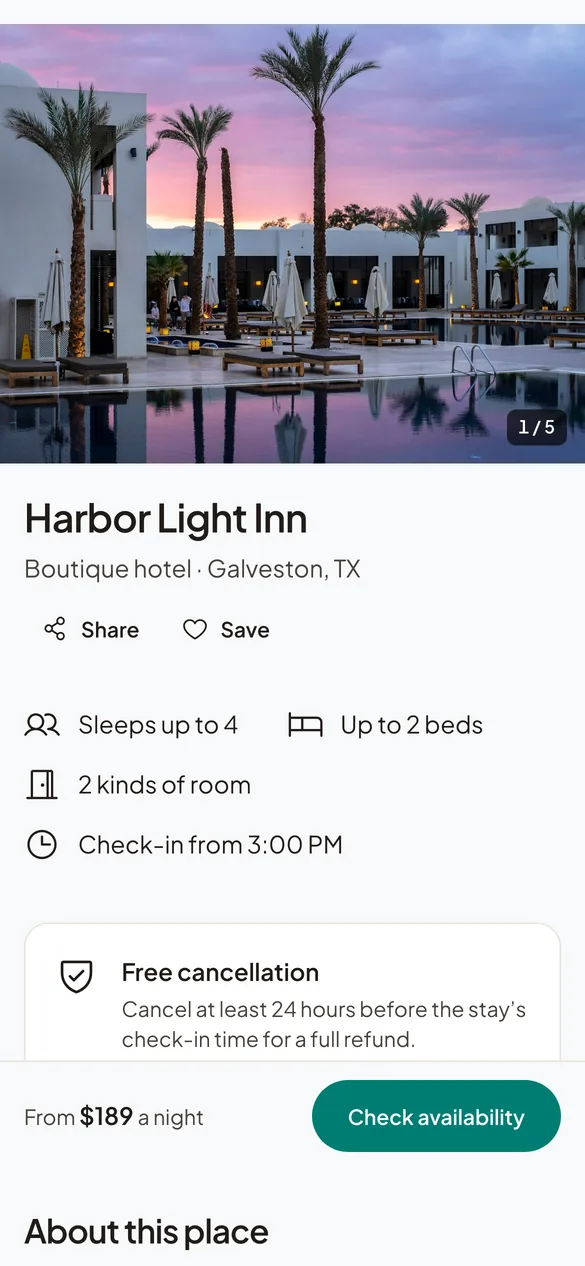 The Harbor Light Inn page on a phone: its pool photo, its kind and city, who it sleeps and its free cancellation.
