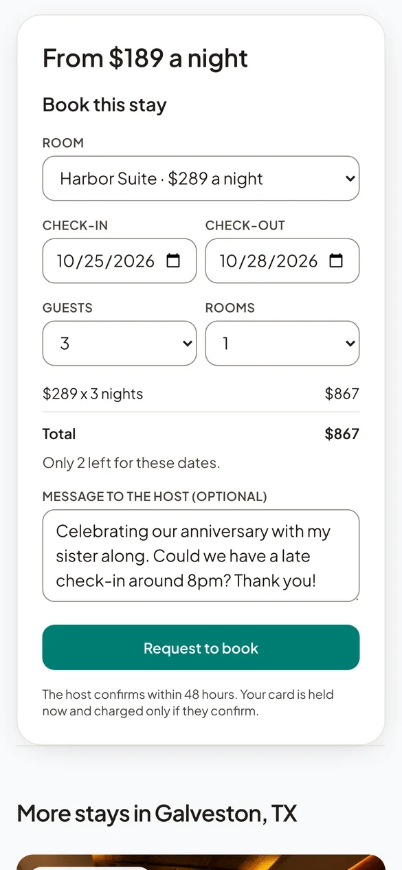 A guest asking to book the Harbor Suite for three nights on a phone, with the total and a note to the host.