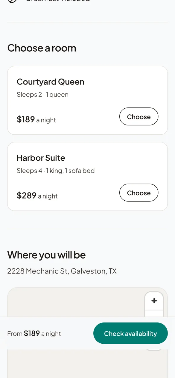 The room types on the Harbor Light Inn page: Courtyard Queen and Harbor Suite with their nightly prices.